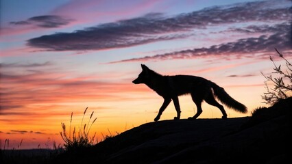 Fox silhouette against a sunset background, animal, sunset, silhouette, sky, fox