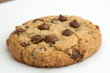 Freshly baked oatmeal cookie with a generous helping of milk chocolate, breakfast companion, warm from oven, crunchy edges, baked goods, comfort food