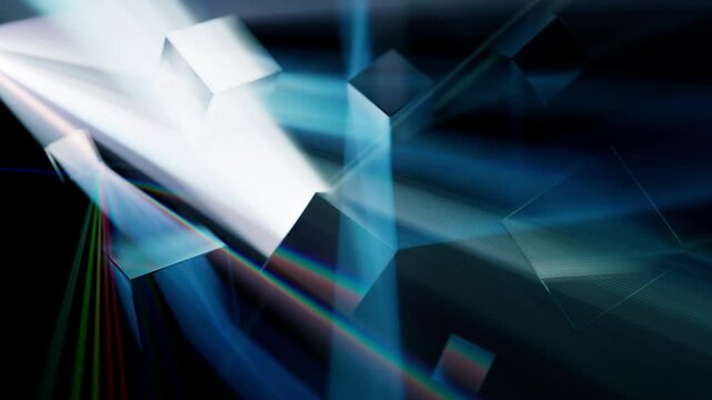 Abstract light rays experiment 3d animation.  Volumetric caustics optical effect. Shallow depth of field.