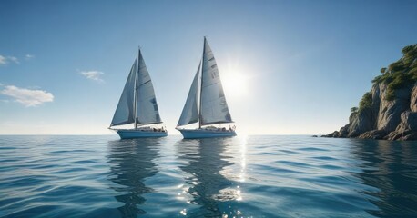 Sailboat navigating through the crystal clear waters under the clear blue sky with a slight breeze, sunny day, crystal clear waters, natural scenery