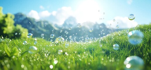 Obraz premium Enchanted Meadow: Bubbles Dance Amongst Green Grass and Majestic Mountains
