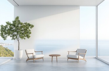 Fototapeta premium A living room with two chairs, a plant, and a large window