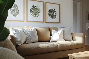 Fototapeta premium Living room with leather sofa, botanical prints, green pillows, and wooden accents for a cozy and stylish interior design.