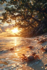 Golden sunset crabs beach mangrove tree