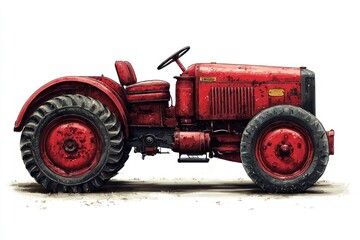 Obraz premium Red vintage tractor parked on dirt, isolated on white, possible poster