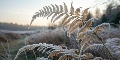 Naklejka premium Frost-covered fern fronds gently swaying in winter breeze, winter foliage, frosty leaves, natural winter scene