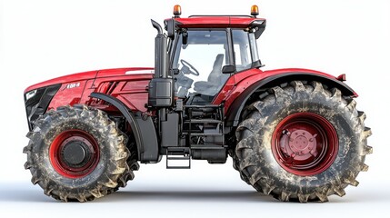 Red tractor with large mud-covered tires isolated on white