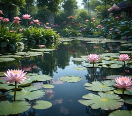 Serene water garden with water lilies and lotus, lotus, landscape photography, peaceful atmosphere