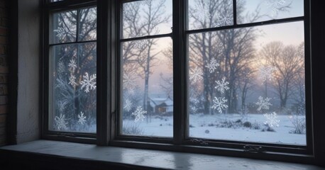 Naklejka premium Frosty windowpanes on a cold winter morning with snowflakes gently falling outside, frosty windowpanes, cozy home, cold weather