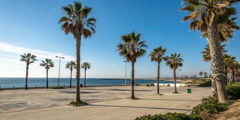 serene ocean landscape with palm trees swaying gently under a blue sky, peaceful ambiance, natural beauty