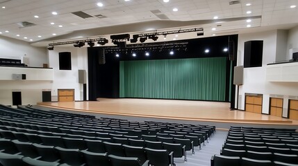 Empty Auditorium Stage and Seating Area Ready for a Performance