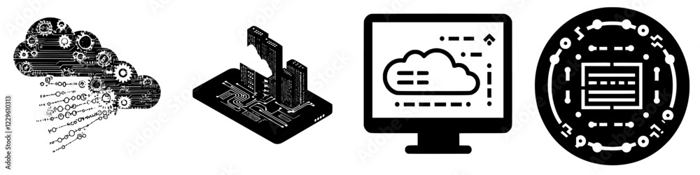 Poster digital transformation concepts representing cloud computing, data processing, and technology soluti