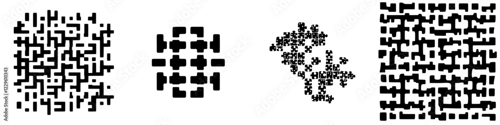 Poster various unique patterns resembling qr codes and abstract shapes on a clean white background