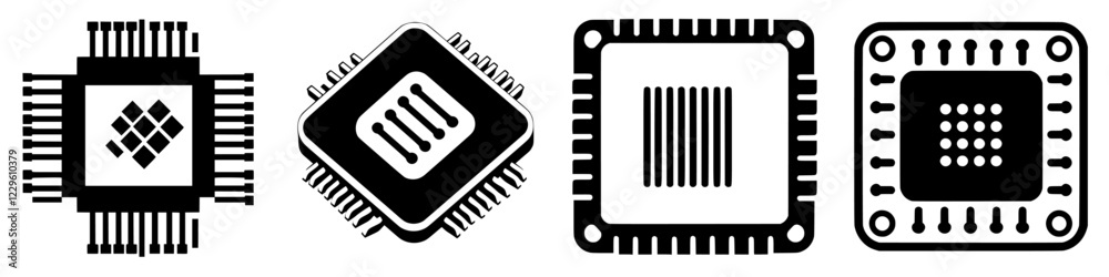Poster various cpu and microprocessor icons in black and white showcasing different designs and patterns co