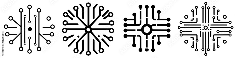 Poster abstract designs showcasing interconnected lines and nodes representing technology and communication