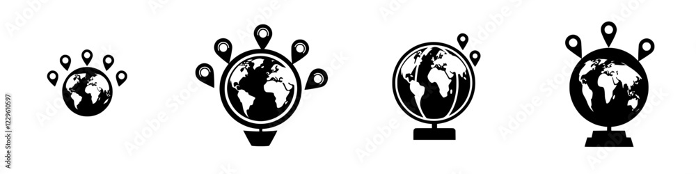 Poster global symbols representing navigation and location markers used in map applications and travel-rela