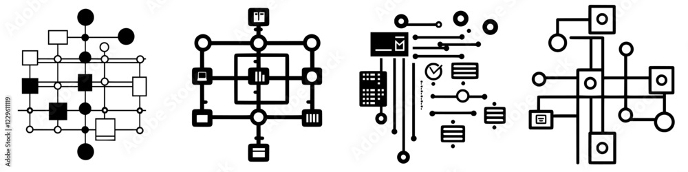 Poster complex network diagrams depicting various data structures and connections in a modern digital envir