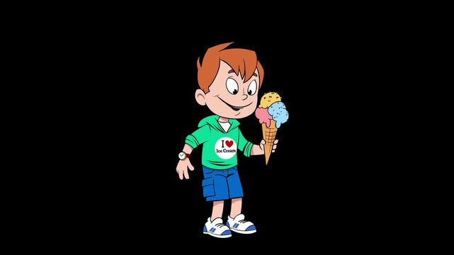 Boy eating Ice Cream.
 Looped cartoon animation of a cute redhead teen boy eating tasty Ice Cream.
Hand drawn frame-by-frame animation, alpha-channel , 25 frame per second.