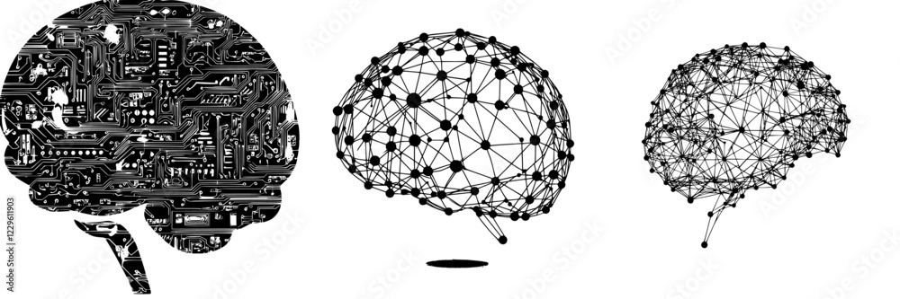 Poster concepts of artificial intelligence represented through brain illustrations in digital and networked