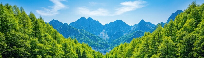 Fototapeta premium Majestic mountain range lush green forest scenic landscape natural beauty wide-angle view tranquil wilderness