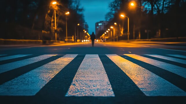 zebra crossing at night with street lights casting long shadows, silhouettes of pedestrians walking across, modern city view in the background,