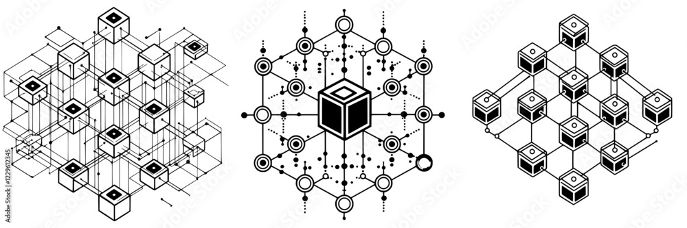 Poster abstract geometric patterns representing interconnected data structures and networks in a minimalist