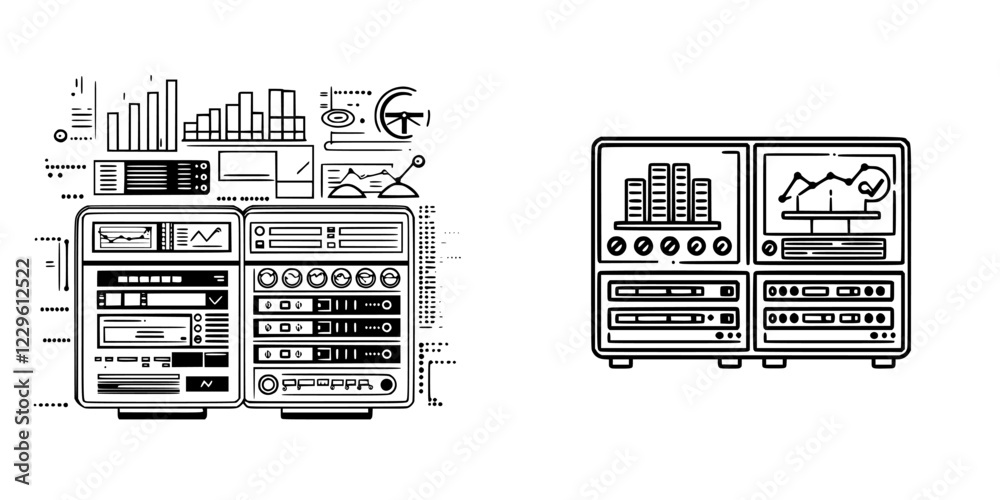 Poster design of modern data servers showcasing analytics and graphical reports in a tech environment
