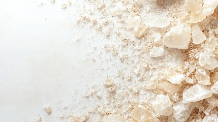 Rock salt crystals and powder on white background with copy space