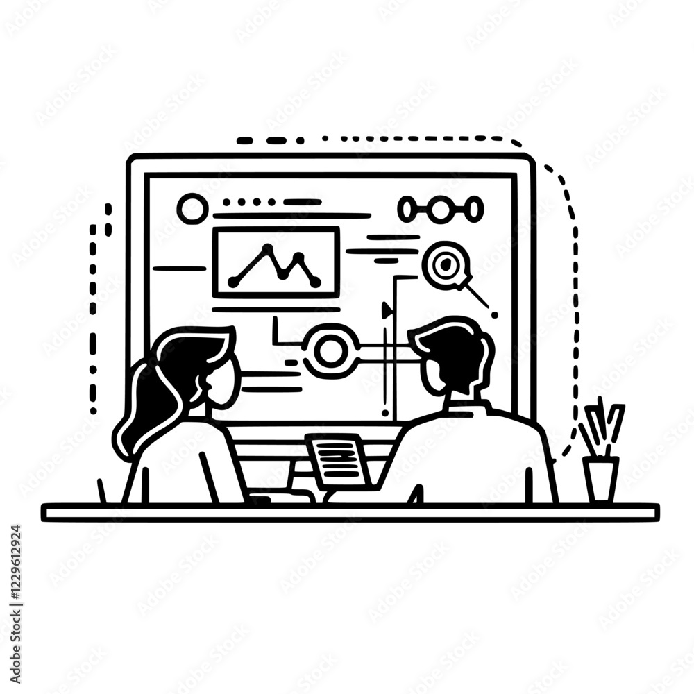 Poster two people collaborating in front of a large monitor displaying data and analytics in a modern works