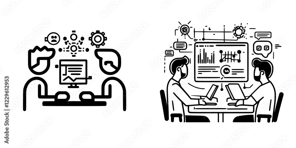 Poster collaboration between two individuals analyzing data and discussing results in a modern workspace se