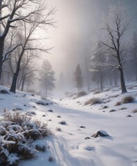 Obraz premium Snowflakes gently falling on a quiet winter landscape, snowflakes, serene atmosphere, gentle snowfall
