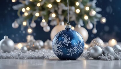Snowflakes gently falling onto a serene blue Christmas backdrop adorned with white ornaments and a glittering silver bauble, snowfall, sparkling decorations