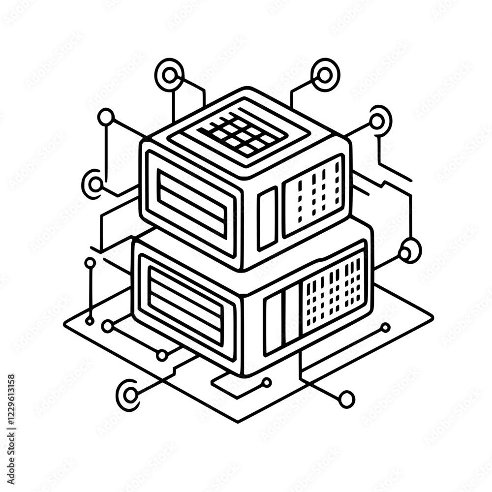 Poster illustration of stacked server units with circuit connections representing data technology and netwo
