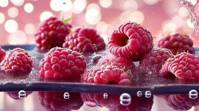 Fresh raspberries splashing into water with bokeh background, ideal for food and drink visuals
