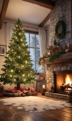 Snowy winter scene with a towering Christmas tree behind a roaring fireplace, cozy atmosphere, snowy scene, snowflakes