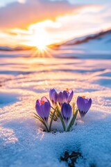 Purple Crocuses Blooming Through Melting Snow at Sunset, Signalling the Start of Spring.