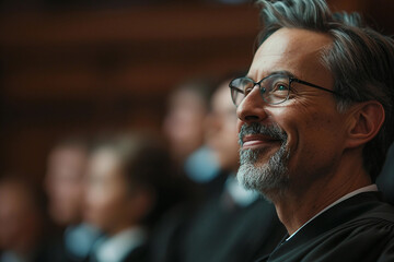 Fototapeta premium Generative AI representation of a judge presiding in a courtroom during a legal trial