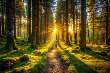 Obraz premium Golden hour paints dark woods, a mystical forest path beckons at sunset.