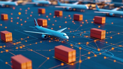 Air cargo operations global logistics hub digital diagram busy airport aerial perspective supply chain management