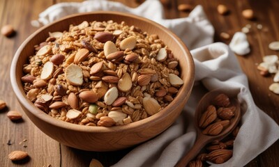 Softly scattered almonds cover the surface of a mound of fluffy homemade granola in a rustic wooden bowl, creating a cozy and inviting atmosphere for a healthy breakfast , farm-to-table, earthy tones