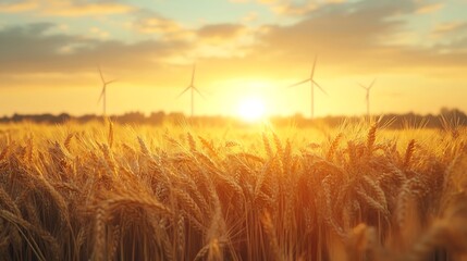 Fototapeta premium Wheat Field at Sunset with Wind Turbines