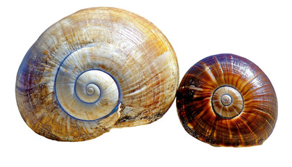 Two Spiral Seashells Closeup, Beige and Brown Hues, Isolated on