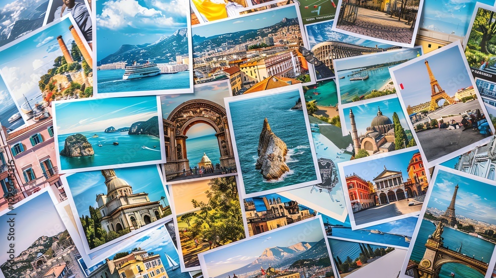 Fototapete A collection of travel photographs stacked on top of each other.