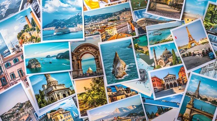 A collection of travel photographs stacked on top of each other.