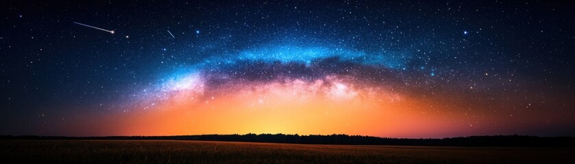 Fototapeta premium Stargazing event over serene landscape night sky astrophotography rural setting wide-angle view cosmic wonder