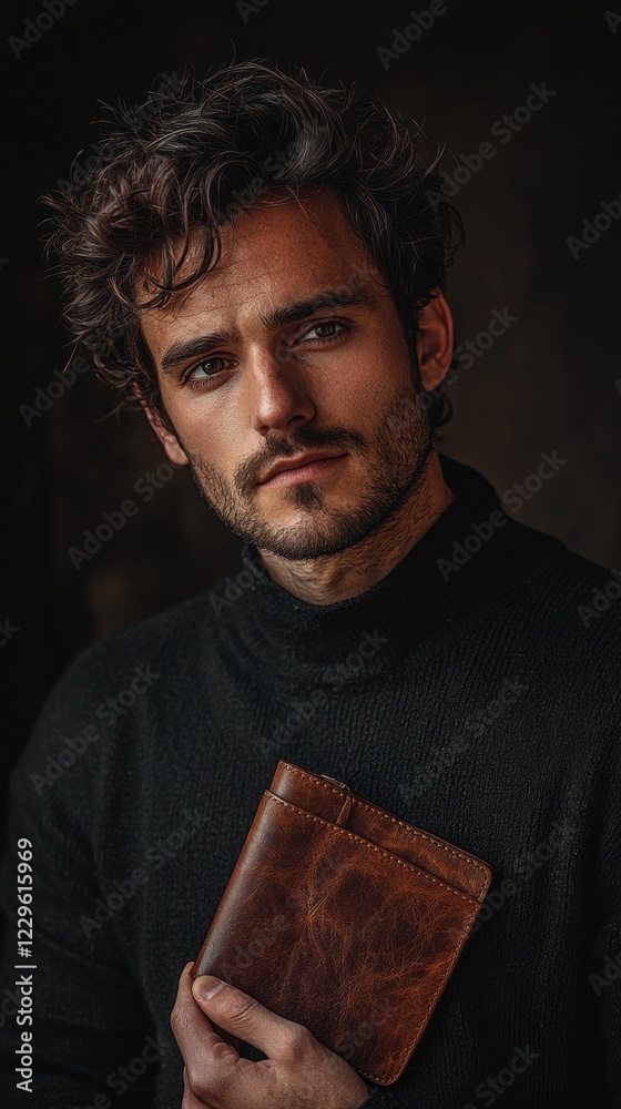 Poster capturing a moment of introspection, the attractive man holds a brown leather wallet close, standing