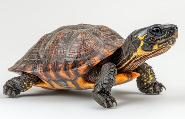 Obraz premium Close-up View of a Colorful Turtle Captured in a Studio Setting, Showcasing Intricate Patterns on Shell and Unique Features of the Reptile
