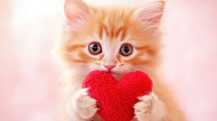 Cute kitten holding a red heart with a soft pink background, symbolizing love and affection, perfect for Valentine&acirc;&euro;&trade;s Day and pet-themed marketing or social media.