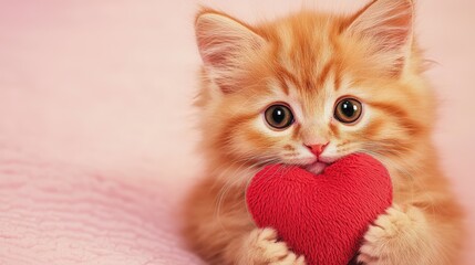 Cute orange kitten holding red heart plush toy on pink background, showcasing love and affection. Perfect for Valentines Day, pet care, and animal friendship themes.