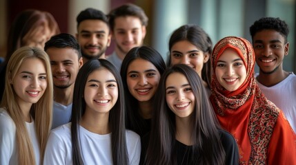 Fototapeta premium large mixed group of smiling students of different cultures looking at camera